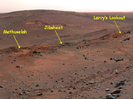 Methuselah, Jibsheet and Larry's Lookout Outcrops - Sol 454
Caption NASA originale:"Three outcrops near each other on the flank of Husband Hill inside Gusev Crater are labeled on this false-color view assembled from frames taken by the MER Spirit's PanCam on the Rover's 454th Sol (April 13, 2005)". 
Parole chiave: Mars rocks, sand and debris - Panorama