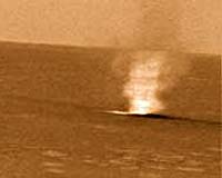 A 34-mt-wide Dust Devil! - Sol 486 - detail mgnf/color
Da "Mars Daily", del 1°mo Giugno 2005:"(...) At the Pathfinder site during its 83rd Sol, approximately 30 Dust Devils were either sensed by the pressure drop as they passed over the Lander, or were imaged by the Pathfinder camera - says Peter Smith of the University of Arizona (Tucson).
'Based on these observations, one might expect to see several Dust Devils per hour from an active site on Mars between 10 am and 3 pm. Few - if any - Dust Devils will be present at other times. Dust Devils typically form during late Spring and Summer and can be found at all latitudes. Exactly, how their population density varies around the planet is currently unknown'.
In addition to Pathfinder's run-in with a Dust Devil, previous Missions to Mars have run into very dusty days. For instance, there was a dust storm covering the Viking Lander I site on Sol 1742 (1 Martian year=669 Earth days). In 1971, Mariner 9 as well as 2 USSR Missions all arrived during a dust storm! (...)".
Parole chiave: Dust Devil
