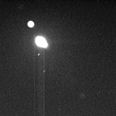 Sun and Phobos?
Original caption:"Left Pan-Cam Non-linearized Sub-frame EDR acquired on Sol 692 of Spirit's mission to Gusev Crater at approximately 10:10:37 MLT.
Camera commanded to use Filter 8 (440 nm)". 
Parole chiave: The Sun from Mars