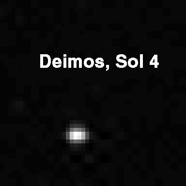 Deimos, from Pathfinder - Sol 4
Caption NASA originale: "Mars' outermost natural satellite, Deimos, is seen from the Planet's surface in this Pathfinder image taken at night on Sol 4. This picture was acquired by the Imager for Mars Pathfinder (IMP) camera. Using IMP images of Deimos and its companion moon, Phobos, the spectral characteristics of the satellites and properties of the Martian atmosphere are determined".
Parole chiave: Mars' Moons - Deimos