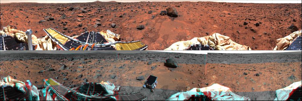 Mars Panorama from Pathfinder (Carl Sagan Station) - Soles 8, 9 and 10 (Enhanced Natural Colors - top image - and Natural Colors - bottom image -; credits: NASA/JPL-Caltech)
Ancora un bel panorama di Marte, così come lo vedremmo se fossimo seduti accanto alla Sonda Soujourner. Le considerazioni da svolgere sono le solite. In questo caso Vi offriamo il commento originale al frame: "Each of these panoramic views is a controlled mosaic of approximately 300 IMP images covering 360° of azimuth and elevations from approximately 4° above the horizon to 45° below it. Simultaneous adjustment of orientations of all images has been performed to minimize discontinuities between images. Mosaics have been highpass-filtered and contrast-enhanced to improve discrimination of details without distorting relative colors overall.
TOP IMAGE: Enhanced true-color image created from the "Gallery Pan" sequence, acquired on Soles 8-10 so that Local Solar Time (LST) increases nearly continuously from about 10:00 (right edge) up to about 12:00 (left). BOTTOM IMAGE: Anaglyphic stereoimage created from the "Monster Pan" sequence, acquired in 4 sections between about 8:30 and 15:00 LST on Sol 3".
Parole chiave: Mars' Panoramas
