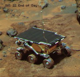 End of the day, time to "rest"... - Sol 22
Caption NASA originale:"An End-Of-Sol Soujourner image. This was taken on Sol 22 after the Rover had placed its APXS in the dark soil surrounding the rock named Lamb".
Parole chiave: Mars rocks, sand and debris