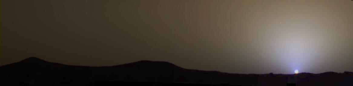 Sunset on Mars from Pathfinder and...A Star-Like Object! - Sol 24 (True Colors; credits: NASA/JPL)
Caption NASA:"The brownish gray sky as it would be seen by an observer on Mars in this four-frame, True Color mosaic taken on sol 24 (at approximately 16:10 M.L.T.). The Twin Peaks can be seen on the horizon. The sky near the sun is a pale blue color. Azimuth extent is 60° and elevation extent is approximately 12°. A description of the techniques used to generate this color image from IMP data can be found in Maki et al., 1999.
Parole chiave: Controversial