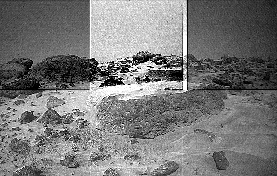 Flat-Top close-up (1) - Sol 42
These two images make a stereo pair taken from the Soujourner Rover's Front Cameras on the morning of Sol 42. Visible in the foreground is the rock nicknamed Flat Top. Based on previous images from the Pathfinder Lander camera, Flat Top appeared to have a layered texture (in the opinion of some scientists). These close-up images show that this is probably not the case. The texture visible on the side of the rock is made up of elongated pits, which may be either vesicles from volcanic outgassing or etches caused by weathering. The boundary between the edge and top of the rock exhibits topography, some of which correlates to the flute-like texture on the top surface. These depressions may have been carved by the wind, but more study of Flat Top is needed before this can be confirmed.
Parole chiave: Mars Rocks, Sand and Debris - Bizarre Surface Feature