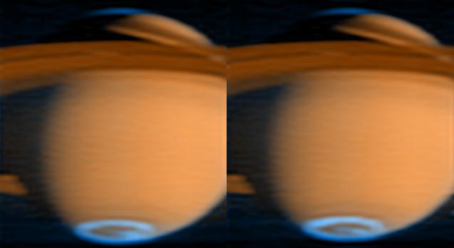 Saturn's Aurora
The Cassini spacecraft has obtained new images of Saturn's auroral emissions, which are similar to Earth's Northern Lights. Images taken on June 21, 2005, with Cassini's UVA Imaging Spectrograph are the first from the mission to capture the entire "oval" of the auroral emissions at Saturn's South Pole. 
In the side-by-side, false-color images, blue represents aurora emissions from H gas excited by electron bombardment, while red-orange represents reflected sunlight. The images show that the aurora lights at the Polar Regions respond rapidly to changes in the Solar Wind. Previous images have been taken closer to the Equator, making it difficult to see the Polar Regions. Changes in the emissions inside the Saturn South-Pole aurora are visible by comparing the 2 images, taken about 1 hour apart. The brightest spot in the left aurora fades and a bright spot appears in the middle of the aurora in the second image. Like Earth's aurora, those on Saturn form in an oval at high latitudes around each pole, along with associated spots and streaks. The ultraviolet imaging spectrograph data shows that the Saturn aurora lasts at least one hour, but small changes are visible in that time between the two images. 

The same process produces auroras on both planets: variations in the plasma environment release trapped electrons, which stream along the magnetic field lines into the upper atmosphere. There, they collide with atoms and molecules, exciting them to higher energies. The atoms and molecules release this added energy by radiating light at particular characteristic colors and wavelengths. On Earth, this light is mostly from oxygen atoms and nitrogen molecules. On Saturn, it is from emissions of molecular and atomic hydrogen. 

Parole chiave: Saturn