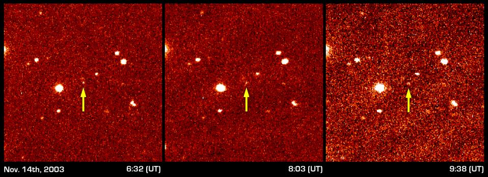 The discovery of Sedna: the three original frames
In queste tre immagini, la prima 'occhiata' ad un minuscolo nuovo mondo chiamato "Sedna." Era il 14 Novembre 2003 ed i 3 frames (ripresi attraverso il Samuel Oschin Telescope - USA) vanno dalle ore 6:32 alle ore 9:38 del Tempo Universale.  
Sedna, come quasi tutti i pianeti minori, venne visivamente identificato a causa del suo leggerissimo movimento in rapporto alle stelle fisse che gli facevano da contorno nei diversi frames. 
Successive osservazioni, effettuate ad intervalli di tempo sensibilmente maggiori, fornirono gli elementi sufficienti per dedurre che l'orbita completa di questo corpo celeste intorno al nostro Sole (e cioè "l'anno di Sedna") avrebbe dovuto richiedere all'incirca 10.500 anni terrestri.

Nota: il campo visivo di ciascuno di questi 3 frames è pari a 3,4 minuti d'arco, mentre ogni pixel corrisponde ad 1 secondo d'arco.
Parole chiave: Sedna