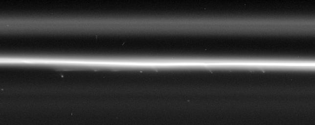 The "F-Ring Streamers" (detail mgnf - HR)
Caption NASA originale:"Multiple faint, streamer-like objects can be seen in this HR Cassini spacecraft view of the F-Ring's bright core. The regular spacing of some of the features extending from the core indicates that they could all be produced by the perturbing effect of a single body as it passes close by. Scientists are examining Cassini images closely in an attempt to determine whether there are tiny moonlets - or perhaps transient clumps of material - orbiting Saturn near the F-Ring core. The researchers believe the streamer features seen here could be caused by a related phenomenon to that by which Prometheus produces streamers in the F-Ring. 

This image was taken in visible light with the Cassini spacecraft narrow-angle camera on Sept. 25, 2006 at a distance of approx. 339.000 Km (about 211.000 miles) from Saturn and at a phase angle of 69°. Image scale is roughly 2 Km (a little more than 1 mile) per pixel".

Nota: quanto scommetete che, in un prossimo futuro, il Prof. Hoagland (o anche qualcun altro della Sua Scuola) ci verrà a raccontare che gli Streamers (---> corpi fluttuanti) non sono altro che minuscole astronavi le quali hanno il compito di bilanciare gravitazionalmente la porzione più esterna degli Anelli di Saturno e che l'intero "Impianto degli Anelli" non è altro - in fondo - che una gigantesca opera di Ingegneria Planetaria, creata per mero "piacere visivo" e lasciataci da chissà quale Civilità a testimonianza del suo glorioso passato? Insomma, dopo la Sfinge e le Piramidi, perchè non dirigere il prossimo business interplanetario verso l'"Architettura Cosmica", di cui gli Anelli di Saturno non rappresentano altro che un timido preliminare?!?...
Parole chiave: Saturn's Rings - The "F" Ring