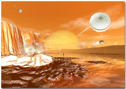 Huygens on Titan
Thin methane clouds dot the horizon and a narrow methane spring or "methanefall" flows from the cliff at left and drifts mostly into vapor. Smooth ice features rise out of the methane/ethane lake, and crater walls can be seen far in the distance.
Parole chiave: Artistic views of the Solar System - Titan