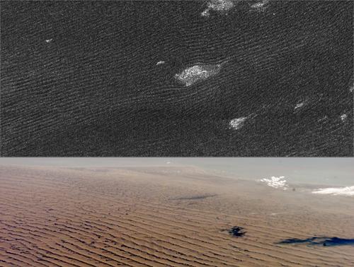 The Dunes of Titan and the Namibian Dunes
Cassini radar sees sand dunes on Saturn's giant moon Titan (upper photo) that are sculpted like Namibian sand dunes on Earth (lower photo). The bright features in the upper radar photo are not clouds but topographic features among the dunes.
Parole chiave: Saturn's Moons - Titan