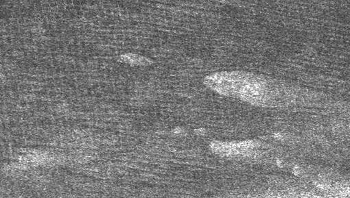 Titanian Dunes
Original caption:"Large areas of this Cassini synthetic aperture radar image of Titan are covered by long, dark ridges. They resemble the "cat scratches" seen in other places on Titan, but here they are longer and straighter. Spaced about 1 to 2 Km apart, they curve slightly around teardrop-shaped bright terrain, giving the impression of a Japanese garden of sand raked around boulders. The bright material appears to be high-standing rough material that the ridges bend around. This suggests that the ridges are dunes that winds have blown across the surface of Titan from left to right (roughly West to East). 
This image was taken during the ninth Titan flyby on Oct. 28, 2005, (the fourth flyby for Cassini's synthetic aperture radar), at a distance of about 1300 Km (about 800 miles). 
The image covers an area roughly 140 by 200 Km. It is located 13° South Lat. and 300° West Long.".

Nota: il vero mistero è 'dove' e 'come' la NASA abbia visto ed interpretato i rilievi in questione come possibili dune...
Parole chiave: Saturn's Moons - Titan
