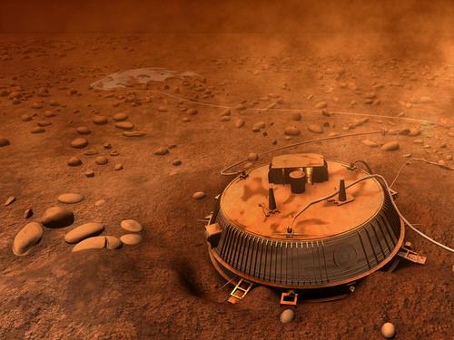 Huygens' Landing Site
This is an artist's interpretation of the area surrounding the Huygens Landing Site, based on images and data returned on Jan. 14, 2005. 
On January 14, 2005, the European Space Agency's (ESA) Huygens Probe reached the upper layer of Titan's atmosphere and landed on the surface after a parachute descent 2 hours and 28 minutes later. 

As part of the joint NASA/ESA/ASI mission to Saturn and its Moons, the Huygens Probe was sent from the Cassini spacecraft to explore Titan, Saturn's largest moon. Titan's organic chemistry may be like that of the primitive Earth around 4000 MY ago, and it may hold clues about how life began on our Planet. 

Nota: permetteteci un piccolo commento su questo "grande successo". Di dati significativi sull'ambiente di Titano (p.e.: temperature medie nel ciclo giorno/notte; presenza o meno di venti; presenza o meno di polveri in sospensione; componenti primari dell'atmosfera a varie altitudini etc.), ad oggi, non ci pare ne sìano emersi. A parte qualche "sembra" e qualche "si sta ancora studiando" non c'è ancora nulla di solido su cui lavorare (o almeno speculare). E questo per non dire delle fotografie di Titano al suolo: dovevano dirci tanto. Alla fine, quelle poche (ed orrende) immagini ricevute non ci hanno detto assolutamente niente. 
La "Discesa dell'Europa su Titano" (come si scrisse in tono trionfalistico un anno fa - per poi dimenticare tutto in 24 ore...) fu dunque vera gloria? 

Ai posteri l'ardua sentenza...

Parole chiave: Artistic Visions of the Solar System - Titan