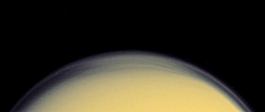 Titan from about 1.000.000 Km (true colors)
Per questa immagine riteniamo maggiormente utile ed interessante offrirVi la caption NASA originale:"The image was acquired at a distance of about 1 million kilometers (621,371 miles) in a near ultraviolet filter that is sensitive to scattering by small particles. The Sun preferentially illuminates the southern hemisphere at this time; the north polar region is in darkness. The well-known global detached haze layer, hundreds of kilometers above Titan's surface, is produced by photochemical reactions and is visible as a thin ring of bright material around the entire planet. At the northern high-latitude edge of the image, additional striations are visible, caused by particulates that are high enough to be illuminated by the Sun even though the surface directly below is in darkness. These striations may simply be caused by a wave propagating through the detached haze, or they may be evidence of additional regional haze or cloud layers not present at other latitudes".
Parole chiave: Saturn's Moons - Titan