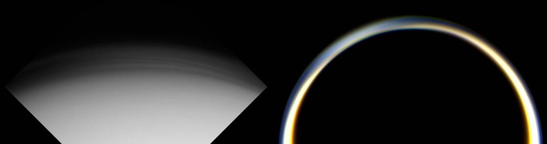 Two Views of Titan's Haze
Caption NASA originale:"These images show 2 views of Titan's planet-wide stratospheric haze just before (left) and after (right) Cassini's first close encounter with the Shrouded Moon. The image on the left was taken on Oct. 25, 2004, through an ultraviolet filter, which is sensitive to scattering of sunlight by small haze particles. It shows the high-altitude haze at the North Pole (top) illuminated above a surface blanketed in darkness during this winter season. Numerous striations are visible in the haze, indicating either waves passing through the layer or the presence of multiple layers. 
The image on the right was taken on Oct. 26, 2004 and shows Titan's night-side backlit by the Sun, after Cassini's closest approach to the moon. The haze layer ringing the planet is illuminated because the small particles scatter significant sunlight in the forward direction. Variations in haze concentration and thickness around the globe are also evident and seem to be symmetric around the north pole (upper left)".
Parole chiave: Titan