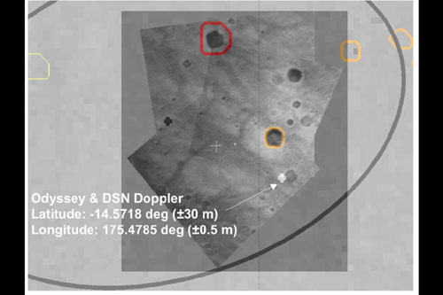 Where's Spirit? (3)
E chiudiamo la 'Ricerca di Spirit" con questa Mappa che è stata ottenuta grazie ai dati (telemetrici e fotografici - si vedano, per questi ultimi, le 3 immagini proposte nella Sezione "Walking on Mars") ottenuti dal Descent Image Motion Estimation System - o DIMES(C) - il quale, come ormai saprete, è collocato sulla 'pancia' del Lander.
Parole chiave: Mars Maps