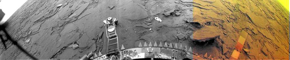 Venus from Venera 14 (camera 1)
"...The quality (of the Venera frames) is remarkably good, and a nearly perfect transmission can be compiled by carefully merging the information from multiple transmissions. A few sections appear damaged by noise, but these are actually bit synchronization errors which can be repaired in software. For example: work on this data set is in progress. Recovering the radiometric response function and balancing color are the next steps. Since the scene was scanned several times, it may be possible to calculate a super-resolution image from multiple panoramas, as NASA has done with Mars Pathfinder images..."
Parole chiave: The Surface of Venus