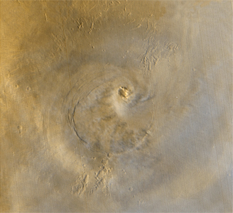 Arsia Mons and its "clouds" (2) - 24 April 2003, Ls 173� (Extremely Saturated Natural Colors; credits NASA/JPL/MSSS)
Original caption:"This image was taken on April 24, 2003, such as in late Southern Autumn on Mars. These pictures prove that some parts of Mars experience weather phenomena that repeat each year, at about the same time. In some Regions, the repeated event may be a dust storm that appears every year, like clockwork, in such a way that we can only wish the weather were so predictable on Earth. One of the repeated weather phenomena occurs each year near the start of Southern Winter over Arsia Mons, which is located near 9° South Latitude, 121° West Longitude. Just before Southern Winter begins, sunlight warms the air on the slopes of the volcano. This air rises, bringing small amounts of dust with it. Eventually, the rising air converges over the volcano's caldera, the large, circular depression at its summit. The fine sediment blown up from the volcano's slopes coalesces into a spiraling cloud of dust that is thick enough to actually observe from orbit".
Parole chiave: Mars from orbit - Volcanoes - Arsia Mons