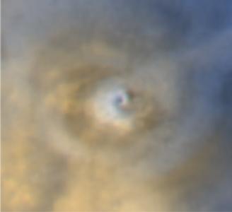 Arsia Mons and its "clouds" (3) - 25 February 2005 (Extremely Saturated Natural Colors; credits NASA/JPL/MSSS)
Original caption:"The spiral dust cloud over Arsia Mons repeats each year, but observations and computer calculations indicate it can only form during a short period of time each year. Similar spiral clouds have not been seen over the other large Tharsis volcanoes, but other types of clouds have been seen. The spiral dust cloud over Arsia Mons can tower 15 to 30 Km (9 to 19 miles) above the volcano. The white and bluish areas in the images are thin clouds of water ice. In the 2005 case, more water ice was present than in the previous years at the time the pictures were obtained. For scale, the caldera of Arsia Mons is about 110 Km (about 68 miles) across, and the summit of the volcano stands about 10 Km (6 miles) above its surrounding plains"
Parole chiave: Mars from orbit - Volcanoes - Arsia Mons