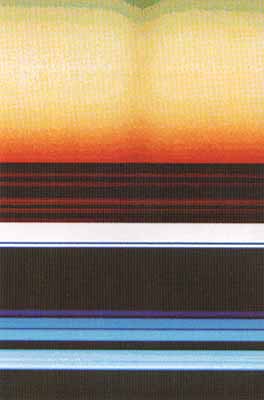 From the "Viking Archive" - Viking 1: Solar Eclypse on Mars
Possibly the most unusual of all Viking Lander pictures records the passage of Phobos' shadow during a solar eclipse. On Earth the apparent size of the Moon is exactly the same as that of the much larger but more distant Sun. Consequently, direct sunlight is completely blocked out during a total solar eclipse. On Mars, Phobos covers only 1/4 of the solar disc. However, passage of the penumbral shadow causes a general drop in light level that is instrumentally detectable. This frame is a repeated line scan image looking back across Viking Lander 1. The colors have been distorted purposely to enhance detail. The blue and white horizontal stripes correspond to test chart patches. The brownish stripes in the middle represent the martian surface visible above the spacecraft. Note a decrease in light levels in the sky midway through the imaging event. The darkening, caused by the passage of the penumbral shadow of Phobos, is present over approx. 100 vertical lines. Moving at about 2 Km/sec, the shadow took about 20 sec to pass over the Lander.
Parole chiave: Sun Eclypse from Mars