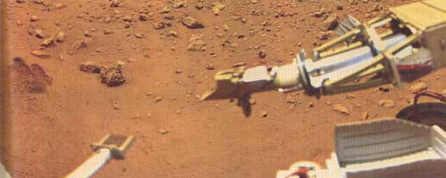 Color snap-shots from Viking 1 (2)
"...Even for pictures where we have both visible and IR information, two possible types of color can be created. The character of the Sunlight reaching the Martian Surface is significantly different than that reaching Earth's surface, primarily because of scattering and absorption by suspended dust particles. In addition, a certain amount of light reflected from the yellowish brown surface finds its way back as reflected sky light.

Figures (1), (2), and (3) illustrate the range of possible color reconstructions. All three pictures are based on the same camera data. The sampling area at the Viking 1 Site is shown. Two trenches in the Sandy Flats site, the first to be dug are shown at the far left. 
Figure (1) is produced by using only visible color information, making no allowance for IR leaks..." (continua)

Parole chiave: Martian Surface - natural colors?