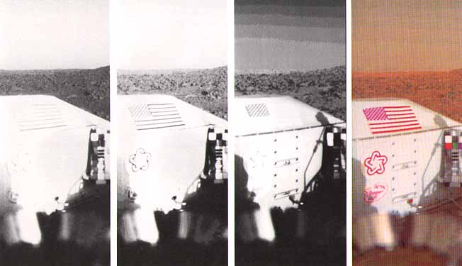 Color snap-shots from Viking 1 (6)
"...Taken early in the Viking 1 Mission, was nicknamed "The American Flag Picture". During the final months of preparation before the landing NASA managers took exception to our decision to feature only the Mars Surface in the first few color pictures. In particular, they emphasized the popular appeal of a color picture looking back across the spacecraft, the American Flag in the foreground and the Martian Horizon in the distance. We temporized; they insisted. Frame (6) composite was the result. The photograph is both pictorially attractive and scientifically useful. The bright ridge in the distance, part of the crater rim catches the morning Sun. Difficulties in precisely balancing the colors are indicated by the violet hue of the blue color chip on the test chart. The relative differences in reflectance that yield a color image are illustrated by the 3 constituent images taken in blue light, green light and red light...".
Parole chiave: Martian Surface - natural colors?