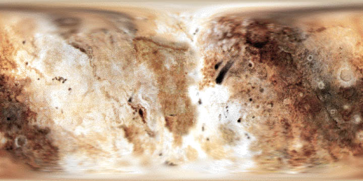Fictional Map of Pluto
La superficie di Plutone - così ben dettagliata - è frutto dell'immaginazione dell'Artista; altrettanto, invece, non si può dire del colore del paesaggio il quale - a quanto ci è stato detto - è coerente con quanto pensano gli Scienziati che hanno osservato e fotografato Plutone usando le spettacolari ottiche dell'HST, nonchè le tecniche di ripresa maggiormente efficaci ed all'avanguardia. Le stesse tecniche, guarda caso, che ci permettono di dire che la superficie della lontanissima Sedna è rossiccia, ma che non risultano adeguate a chiarire il mistero dei "colori" del vicino - in tutti i sensi - Marte. 

Curioso, non credete?!?
Parole chiave: Artistic Visions of the Solar System