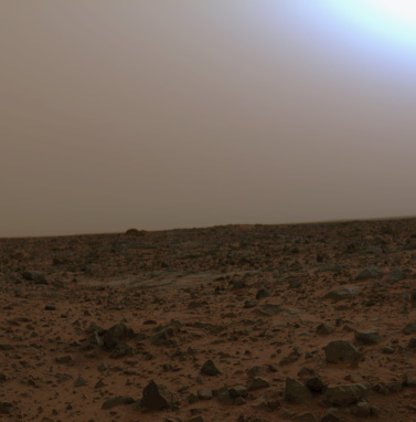 From the "Viking Archive" - Viking 1: dusty day
Caption originale:"...Here we see another Viking 1 image taken on an especially dusty day, with the bright blue zone near the Sun visible as it overexposes the upper right of the frame. Notice the near lack of shadows from the rocks...".

Parole chiave: Martian Sky - afternoon