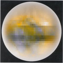 The "true" colors of Pluto (another interpretation)
Uno studio sui possibili colori autentici di Plutone, realizzato dal bravo e modesto Ricercatore Don Davis, di cui abbiamo già apprezzato svariati studi ed elaborazioni sui "Colori del Sistema Solare" (Marte e Venere, in maniera particolare, sono - secondo noi - i suoi lavori più belli e riusciti).

Caption originale:"Pluto seems to have intriguing surface details, with pronounced contrast between white and yellow brown Regions. These regional contrasts have been largely detected by measurements of light changes as Pluto was eclipsed by its large satellite Charon, in the late 1980's. The albedo of Pluto ranges from 0,49 to 0,66, while darker more neutral colored Charon averages about 0,37".
Parole chiave: Pluto