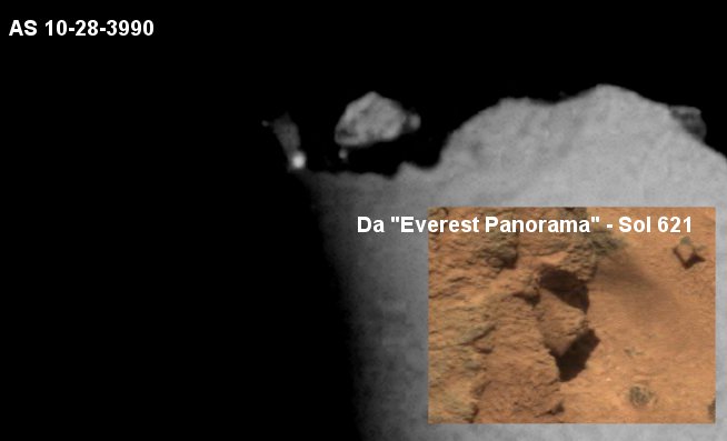 One and the same: the Moon-Mars Connection strikes again!
Forse è uno scherzo della nostra immaginazione o forse è una trappola per gli Anomaly Hunters che guardano troppo lontano? O forse si tratta, come suggeriamo nel titolo (volutamente provocatorio) che abbiamo scelto, di una evidente connessione Luna-Marte?

Decidete Voi: noi ci limitiamo a portare alla Vostra attenzione l'evidente (almeno a nostro parere) somiglianza fra il "rottame vagante" nello spazio circum-lunare immortalato da tre frames Apollo 10, ed il dettaglio marziano relativo al Summit di Husband Hill (ripreso più e più volte, sia in b/n, sia a colori - guardate Voi stessi le immagini dei Soles 620-621 nella Galleria "Walking on Mars").
Parole chiave: Highly Controversial Frame - Apollo and Mars Spirit Series