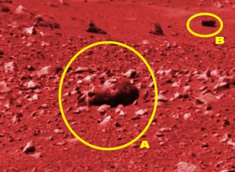 Skull-Rock: pseudo-rock or pseudo-fossil? (3) - from Sol 44
Fonte: archivio NASA fotografie sonda MER Spirit
Link: http://marsrovers.jpl.nasa.gov/gallery/press/spirit/20040219a/12-DD-2-depress-A044R1.jpg

Le dimensioni originali della foto (nota: si tratta del frame precedente, già ridotto da Lun-Ex-It) sono 3897x1100 e si tratta di un frame panoramico; questo è un ritaglio ed è stato contrastato di rosso per rendere maggiormente visibili (alcune) caratteristiche peculiari della superficie Marziana.

L’Anomalia analizzata è quella contrassegnata dalla lettera A
Parole chiave: Controversial Mars' Surface Features