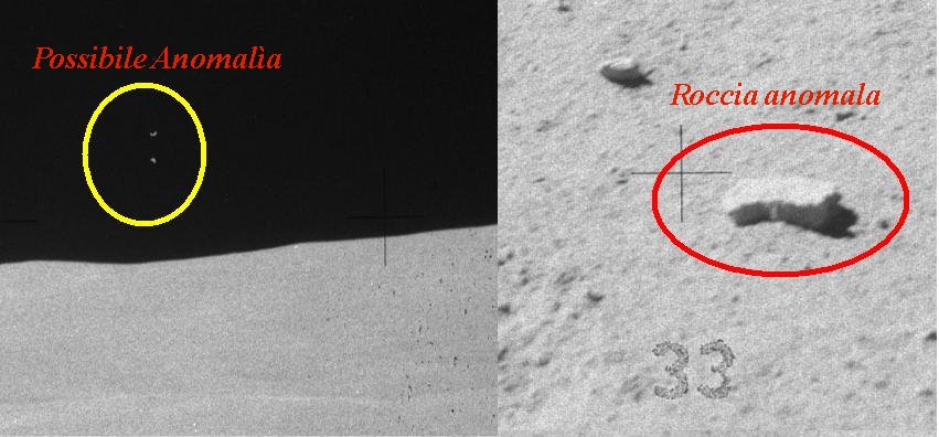 AS 16-106-17401 - Strange things...
Cerchiatura Gialla: attenzione: non si tratta di due "lucette nel cielo", ergo di due Star-like Objects, bensì del medesimo oggetto (che potrebbe anche essere un photoartifact!), al quale è stata cancellata la sezione centrale! 
Anche senza possedere un software ad hoc, è possibile notare questo intrigante dettaglio espandendo il particolare (non importa se l'immagine si sgrana) sino a risolverne la tessitura, pixel-by-pixel. 
Vi sarà allora facile vedere che i due "graffietti" (!) non sono altro che la porzione superiore e quella inferiore di una struttura anomala unitaria la quale è stata digitalmente cancellata (male).

Cerchiatura Rossa: roccia anomala oppure frammento di una struttura complessa più grande? La domanda è lecita, la risposta...è impossibile.
Parole chiave: Lunar Sky - Controversial and Lunar Rocks - anomalous surface feature