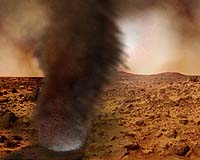 Martian Dust Devil
Ah, Martian Summer! Finally, the days are long, just like on dear old Earth. And daytime highs rocket all the way up to a balmy 20°C (68°F) from the Summer nighttime low of -90°C (-130°F), meaning you and your fellow astronauts can warm up your machinery earlier to get a good start on mining operations.
But those warm daytime temperatures also bring alive the Martian devils. Dust devils, that is.
You were caught in one just yesterday - and a devilishly terrifying experience it was! This was no little Arizona desert whirlwind, only a few tens of meters high and a few meters across and past you in seconds.
No, what hit you yesterday was a monster column towering kilometers high and hundreds of meters wide, 10 times larger than any tornado on Earth. Red-brown sand and dust whipping around faster than 30 meters per second (70 miles per hour) dropped visibility to zero, scouring your faceplate, driving dust into every fold and wrinkle of your spacesuit.
For 15 minutes you huddled and endured the buffeting. The scariest part was the incessant crackling and flashing of miniature lightning bolts nipping at you and your rover, and the loud static on your radio that prevented you from calling for help.

Could this really happen?

Parole chiave: Artistic Views of the Solar System
