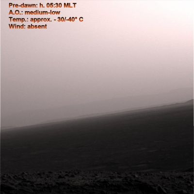 Martian Horizon, at different times of the day (2)
Qual'è il "vero volto" di Marte, quindi? Quello che ci mostra la NASA, con tutti i suoi sbalzi cromatici schizofrenici ed inspiegabili, o quello che la maggior parte dei Ricercatori Moderati ci propongono, e che vuole il Pianeta Rosso assai poco rosso e più orientato verso le tinte fredde per quanto attiene il cielo (e diciamo che si va dal celeste pallido al blu intenso), mentre la superficie viene ritenuta - a seconda della Regione considerata - di colorazione in prevalenza marroncina, con variazioni gialle ed arancioni nelle aree più polverose e con tendenze al grigio ed azzurro nelle zone prossime ai Poli?
Ebbene, la nostra idea è che non si può optare per una delle due teorie "così, a simpatia", poichè, con ogni probabilità, sono entrambe (in parte) sbagliate. Per arrivare ad una (almeno sommaria) definizione del problema, a nostro avviso occorre operare una serie di assunzioni e quindi regolarsi di conseguenza. L'atmosfera di Marte, ad esempio, è certamente sottile e rarefatta, ma non tanto quanto la NASA ci dice e tenta di dimostrare. Essa potrebbe essere abbastanza densa da provocare una (certo non eclatante) diffusione della luce del Sole e quindi produrre un Rayleigh-effect in tono minore. Ed a proposito del Sole, non dimentichiamo che esso, dalla superficie di Marte, ci apparirebbe di poco più di 1/3 più piccolo (in termini di diametro apparente) rispetto a come lo vediamo dalla Terra. 

La distanza media Sole-Marte la conoscete (è di circa 230 MKM): come non ipotizzare, nella costruzione del nostro "colore vero" di Marte, l'esistenza di una luminosità dell'aria largamente inferiore a quella che esiste sulla Terra?
Parole chiave: Mars Horizon - natural colors
