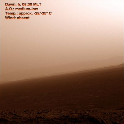 Martian Horizon, at different times of the day (3)
E che dire poi della famigerata Opacità Atmosferica (O.A.)? 
Quanto può influire questa O.A. NON SOLO sulla diffusione della luce solare in arrivo - in primis - ma anche in termini di abbattimento della stessa (e quindi di abbattimento della luminosità media dell'ambiente Marziano superficiale)? 

In altre parole: se l'atmosfera di Marte è realmente ricca di polveri (ferrose?) sottilissime in sospensione, come ignorare il fatto che esse non solo esercitano un effetto "filtro" sulla luce solare (simile a quello che accade sulla Terra nelle giornate di nebbia intensa, ma posizionata ad alcune decine di metri dal suolo), ma anche la riducono sensibilmente? E non è tutto: noi sappiamo, infatti, che l'O.A. non è costante (essa è funzione di svariate variabili, fra cui evidenziamo la presenza ed intensità di venti) e quindi, a logica, dobbiamo anche supporre che questi effetti cambino sia la loro misura, sia la loro incidenza sull'ambiente nell'arco del giorno marziano.
Inutile dire che potremmo andare avanti elencando altre "n" variabili da tenere in considerazione, ma non è questa la sede. 
Qui, in questa Nuova Sezione di Lunar Explorer Italia, noi vogliamo solo ricordare e ricordarVi che le due posizioni maggiori esistenti su questo spinoso argomento, poggiano entrambe su presupposti non diciamo errati ma...incompleti.
Noi riteniamo che le caratteristiche cromatiche di Marte, per come lo vedrebbe un occhio umano, condividono entrambe le "nature estreme" che, su questo tema, si stanno fronteggiando da decenni. Marte, forse, non è il Pianeta Rosso dell'Immaginario Collettivo, ma resta un dato di fatto (e basta prendere un telescopio ed osservarlo per rendersene conto): esso è, in larga prevalenza, color arancio vivo. Come ignorare questo dato (visibile a TUTTI ed in TEMPO REALE!) nella ricostruzione dei colori "veri" dell'ambiente Marziano?


Parole chiave: Mars Horizon - natural colors