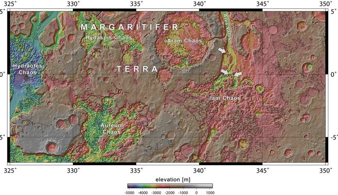 Margaritifer Terra
Caption ESA originale:"This map shows that the Iani Chaos depression – 180 Km long and 200 Km wide – is connected to the beginning of Ares Vallis by a 100-Km wide Transition Zone, centred around 342,5º East and 3º North".
Parole chiave: Mars Maps