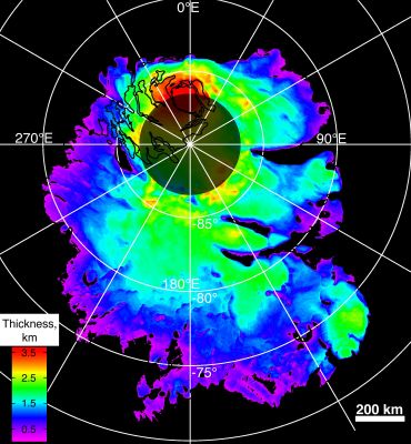 The "Thickness" of Mars' South Polar Layered Deposits (Map 1)
This map shows the thickness of the South Polar Layered Deposits of Mars, an ice-rich geologic unit that was probed by the Mars Advanced Radar for Subsurface and Ionospheric Sounding (MARSIS). The MARSIS radar is an instrument on the European Space Agency's Mars Express orbiter. The thickness of the layered deposits was determined by measuring the time delay between radar echoes from the surface and those from the lower boundary, or "bed", of the deposits. 
The radar data indicate that the deposit, larger than Texas in area, is more than 3,7 Km (about 2,3 miles) thick in places, and that the material consists of nearly pure water ice with only a small component of dust. 
Parole chiave: Maps