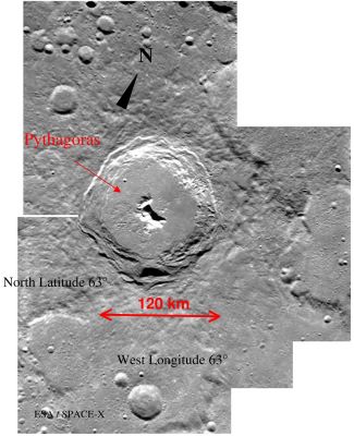 Pythagoras Crater
Caption ESA originale:"This mosaic view of Pythagoras is composed of images taken by the AMIE camera during two successive orbits on 29 and 30 December 2004 from an altitude of ~ 4000 Km. 
Pythagoras is a 120 km diameter complex large Lunar Crater characterized by a relatively flat crater floor, a central peak and terraced walls. 
The terraced walls height reaches 5000 mt."
Parole chiave: The Moon from orbit - Craters