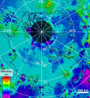 The "Lower Boundary" of the Icy Layers Covering Mars' South Polar Region (Map 2)
This map shows the topography of the South Polar Region of Mars, including topography buried by thick deposits of icy material. The map is a combination of surface elevation data acquired by the Mars Orbiter Laser Altimeter aboard NASA's Mars Global Surveyor orbiter, and subsurface elevation data acquired by the Mars Advanced Radar for Subsurface and Ionospheric Sounding (MARSIS) aboard the European Space Agency's Mars Express orbiter.
The black line shows the boundary of the South Polar Layered Deposits, an ice-rich geologic unit that was probed by MARSIS. Elevation values within the black outline, as measured by MARSIS, show the topography at the boundary between the layered deposits and the underlying material, an interface known as the "bed" of the deposits. The elevation of the terrain is shown by colors, with purple and blue representing the lowest areas, and orange and red the highest. The total range of elevation shown is about 5 Km. 
The radar data reveal previously undetected features of topography of the bed, including depressions as deep as 1 Km (0,6 miles) shown in purple in the near-polar region. 
The boundary of the layered deposits was mapped by scientists from the U.S. Geological Survey. The dark circle in the upper center is the area poleward of 87° South Latitude, where MARSIS data cannot be collected. 
The map covers an area of 1670 by 1800 Km (about 1035 by 1115 miles). 
Parole chiave: Maps