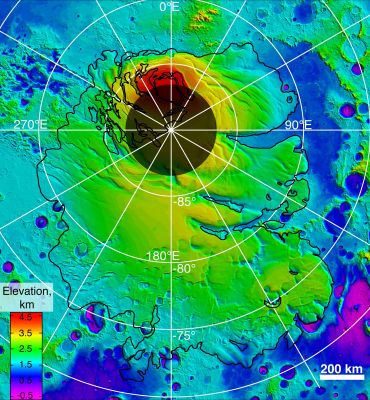 The "Upper Surface" of the Icy Layers Covering Mars' South Polar Region (Map 3)
This map shows the topography of the South Polar Region of Mars. The data were collected by the Mars Orbiter Laser Altimeter aboard NASA's Mars Global Surveyor orbiter between 1997 and 2001. The elevation of the terrain is shown by colors, with purple and blue representing the lowest areas, and orange and red the highest. The total range of elevation shown is about 5 Km. The black line shows the boundary of the South Polar Layered Deposits, an ice-rich geologic unit that was probed by the Mars Advanced Radar for Subsurface and Ionospheric Sounding (MARSIS) aboard the European Space Agency's Mars Express orbiter.
The radar data indicate that the deposit is more than 3,7 Km (about 2,3 miles) thick in places, and that the material consists of nearly pure water ice, with only a small component of dust. The MARSIS team also determined that the total volume of ice in the layered deposits is equivalent to a water layer 11 mt (36 feet) deep, if spread evenly across the Planet. The boundary of the Layered Deposits was mapped by scientists from the U.S. Geological Survey. The dark circle in the upper center is the area poleward of 87° South Latitude, where MARSIS data cannot be collected. 
The image covers an area of 1670 by 1800 Km (about 1035 by 1115 miles). 
Parole chiave: Maps