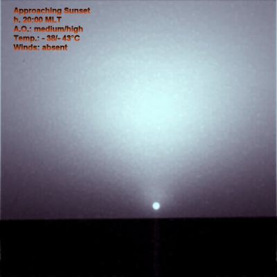 Sunset, according to NASA
Ed ecco, invece, il tramonto secondo la NASA.

Attenzione: nel fare le Vostre valutazioni, cercate di non farVi confondere da impressioni "estetiche" (del tipo "quale cielo è più carino"?).
Guardate le immagini NASA in approximate true colors, leggete quello che loro scrivono per spiegare questi "true colors" e poi provate a guardare la nostra interpretazione, la quale esprime solo premesse di Buon Senso e non poggia sull'impiego (nevrastenico) di una marea di filtri che, alla fine, riuscirebbero a deformare la percezione dei colori di chiunque...
Parole chiave: Martian Sunset - false colors