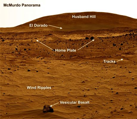 Winter Home...
Caption NASA:"This is a portion of an image called the "McMurdo Panorama", taken by the PanCam on NASA's Spirit Rover during its Winter Campaign of 2006. The view is looking toward the North at "Husband Hill", the dark-toned "El Dorado" dune field and the light-toned "Home Plate" feature. Husband Hill is approximately 850 mt (about 2800 feet) from the Rover's Winter Campaign Site. Wind-blown ripples are evident in the field in the foreground, along with vesicular basalt rock. Tracks made by Spirit as it left Home Plate are also visible. (...)".
Parole chiave: Mars Panorama - Spirit Winter Haven