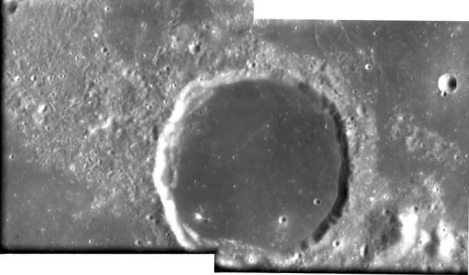 Billy Crater (HR)
Crater Billy, located at 50,1° West and 13,8° South on the Lunar Surface at the southern edge of Oceanus Procellarum, has a diameter of 46 Km and is up to 1,3 Km deep. 
Billy is filled with dark mare material and is one of the darkest spots on the Lunar Surface. The crater is deemed to be of age class 5 - indicating an ancient crater [in this case at least 3,2 BY old] and filled, or partially filled with lava. 

The image represents a composite made from two raw images (i.e. no flat field or other corrections have been applied) of the region taken one orbit apart.
Parole chiave: The Moon from orbit - Craters (Billy)