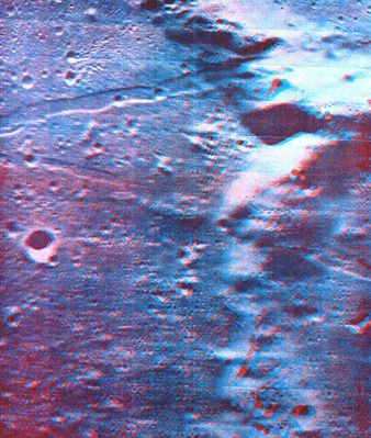 Fr� Mauro, Parry and Bonpland Crater, from Lunar Orbiter 5 (3D)
Original caption:"Stereoscopic view of 3 adjoining craters; Frà Mauro to the North (left), Parry (upper right) and Bonpland (lower right). The area where the 3 rims meet is about 1200 meters higher than the crater floors. The two linear rilles form a "V" whose apex is at the left edge of the photograph. They dissect the crater floors and rims alike. The more westerly rille is bordered on the West (near the center of the anaglyph) by a chain of domes. The adjacent areas of the rille is nearly filled with dark, smooth material that appears to have come from the domes".
Parole chiave: Moon from orbit - Fr� Mauro, Parry and Bonpland Craters