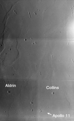 The "Apollo 11 Landing Site"
Caption ESA originale:"This image, taken by the Advanced Moon Imaging Experiment (AMIE) on board ESA’s SMART-1 spacecraft, shows the Apollo 11 Landing Site in the Mare Tranquillitatis Region of the Moon. 
AMIE obtained the image on 5 February 2006 from a distance of 1764 Km from the surface, with a ground resolution of 159 mt per pixel. 
The imaged area is centred at a Long. of 23,9º East, close to the Moon Equator, at 1,7º North Latitude. 

The area is close to crater Moltke (outside the field of view of this image) in the Mare Tranquilitatis Region. The arrow shows the Landing Site of Apollo 11, where the first men from Earth set foot on another object in our Solar System, on 20 July 1969. The two prominent craters nearby are named after two of the Apollo 11 Astronauts. The first man on the Moon, Armstrong, has a crater named after him outside the field of this image".
Parole chiave: The Moon from orbit - Landing Sites: Apollo 11