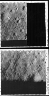 Mare Nubium: the impact of Ranger 7
Caption NASA originale:"The final two images taken by Ranger 7 before its impact on the Moon's Surface. These image were taken by the number 1 and 3 P-channel cameras at 0.39 and 0.19 seconds before impact from an altitude of 1070 and 519 meters, respectively. The pictures are cut off because the spacecraft impacted the surface before completing the transmission. The top image was taken by the P3 camera and the bottom image by P1. The P3 image is about 25 m across. North is at 12:30 for both images. The impact occurred on 31 July 1964 at 13:25:48.82 UT (Ranger 7, CP1002)".

Location & Time Information
Date/Time (UT): 1964-07-31 T 13:25:48
Distance/Range (km): 0.519
Central Latitude/Longitude (deg): -10.7, 339.3 E
Orbit(s): N/A
Parole chiave: The Moon
