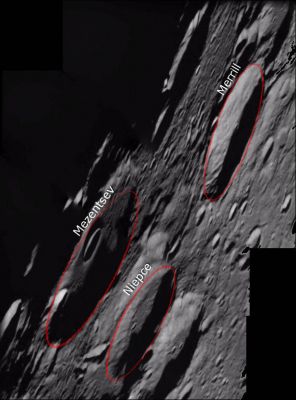 Craters Mezentsev, Niepce and Merril
This image was taken by the Advanced Moon Imaging Experiment (AMIE) on 16 May 2006. The imaged area is centred at a Latitude of 73° North and a Longitude of 124° West, on the Far-Side of the Moon. 
Normally, the AMIE camera is pointed straight down at the Lunar Surface, in the Nadir pointing mode. In this image, AMIE was pointed towards the horizon, showing the Lunar Surface in an oblique view. 
The largest craters in this image are Mezentsev, Niepce and Merrill.  Mezentsev is an eroded crater 89 Km in diameter and centred at 72,1° N, and 128,7° W.  
A smaller cup-shaped crater resides inside Mezentsev.  Niepce and Merrill both have a diameter of 57 Km and are located at 72,7° N-119,1° W and 75,2° N and 116,3° W, respectively. 

Mezentsev Crater is named after Yourij Mezentsev, a Soviet engineer (1929 - 1965) who was one of the first people to design rocket launchers, while Joseph Niepce was the French inventor of photography (1765 - 1833); Paul Merrill was an American astronomer (1887 - 1961).  
Parole chiave: The Moon from orbit - Craters - Mezentsev, Niepce and Merril