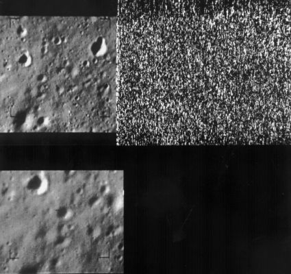 The last images from Ranger 9
Caption NASA originale:"This image shows the last 2 pictures taken by Ranger 9 before impact onto the Lunar Surface. The images show the floor of Alphonsus Crater at 12.84° S, 2.39° W. North is at 1:00 in both images. The top image was taken by camera P3 at a distance of 600 m just 0,25 seconds before impact. The frame is about 70 m across. The lower frame is from camera P1. It includes most of the area on the left of the P3 frame and was taken from 1,2 Km 4,5 seconds prior to impact. The image is approximately 50 meters across. Part of the P3 frame is missing because Ranger 9 did not finish transmitting before impact. These were the last images from the Ranger Programme, which ended with this Mission (Ranger 9, P012)".

Location & Time Information
Date/Time (UT): 1965-03-24 T14:08:19.5
Distance/Range (km): 1
Central Latitude/Longitude (deg): -12.84, 002.39 W 
Orbit(s): Impact - Hard Landing
Parole chiave: The Moon