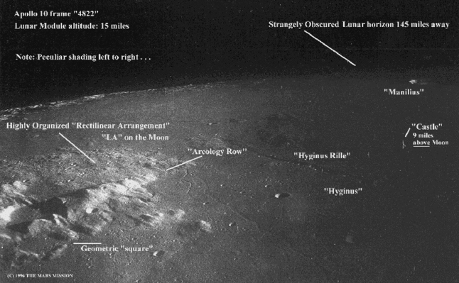 Apollo 10 - AS 10-4822: a VERY controversial frame (1)
Un fotogramma Apollo 10 famosissimo (e che Vi proponiamo in versione originale non compressa negli Archivi della Reserved Area) che ci porta, letteralmente, a metà strada fra Scienza e Fantascienza. 
Un considerevole numero di Anomalie, infatti, è stato individuato (da più Ricercatori) in questo frame e, fra tutte, campeggia (alla Vostra Dx) quella conosciuta come "The Castle" (il suggestivo nome di battesimo datole dal Prof. Hoagland) che Vi proponiamo ancora come detail mgnf nel prossimo quadro.

Commenti? Impossibile farne: il frame è vecchio e rovinato (che cosa è reale, in esso, e che cosa è solo photo-artifact?) e noi, purtroppo, non abbiamo disponibili immagini recenti della stessa area. 
Vedete Voi...
Parole chiave: Moon from orbit - AS 10-4822