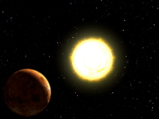 55 Cancri and one of its planets
L'azione congiunta di 3 osservatori (Hobby-Eberly, Lick ed HST) ha permesso la scoperta di un nuovo pianeta che ruota attorno alla stella denominata "55 Cancri", distante solo 40 a.l. da noi. Questo pianeta (il quarto del Sistema) pare possedere la massa di Nettuno, ma ruota molto vicino alla sua stella madre, in un orbita addirittura inferiore a quella che, nel nostro Sistema, occupa Mercurio. Noi riteniamo che, da una tale situazione, dovrebbe derivare l'assoluta instabilità dell'orbita di questo pianeta e, forse, dell’intero Sistema a cui esso accede.
Parole chiave: Artistic views of the Universe