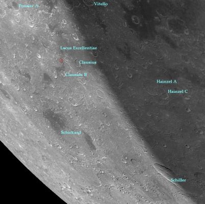 The "Impact Site" of SMART-1
Caption ESA originale:"Reconnaissance view of the Moon on 20 August 2006 at 00:00 UT. 
The Lunar North Pole is up. 
The SMART-1 impact is expected on 3 September 2006 in the Lacus Excellentiae Region, at the top of the U-shape feature situated North of the crater Clausius "B". The nominal impact position is marked by the red circle".
Parole chiave: The Moon