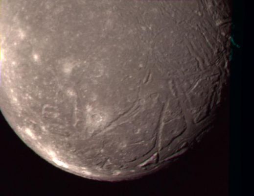 Ariel (real colors)
Urano ha (circa) 20 Lune naturali, ma le sue Lune Maggiori sono soltanto 5: Ariel, Umbriel, Titania, Oberon e Miranda. 
Si tratta, in tutti i casi, di corpi rocciosi, privi di atmosfera e sottoposti da ere ad un costante bombardamento meteorico. Certo, le caratteristiche superficiali di alcune di queste lune ci incuriosiscono, ma presumiamo che si tratti, in ogni caso, di mondi totalmente inospitali i quali, assai difficilmente, saranno teatro di future missioni e - magari - tentativi di atterraggio.
Anche se non si può mai dire...
In questa prima immagine, vediamo la Luna più conosciuta di Urano: Ariel. Si tratta di un vero e proprio "pianetino" il quale presenta delle caratteristiche superficiali che lo rendono, in parte, simile alla nostra Luna. Si possono vedere dei crateri da impatto (quasi tutti molto antichi), delle vaste distese prive di rilievi ("mari") e poi dei lunghi e profondi crepacci (in questo frame guardate in basso verso Dx) i quali si sono formati, probabilmente, durante il periodo in cui Ariel ha iniziato a raffreddarsi e, come si pensa, detto raffreddamento dovrebbe essere avvenuto in maniera decisamente rapida. 
Parole chiave: Uranus Moons - Ariel